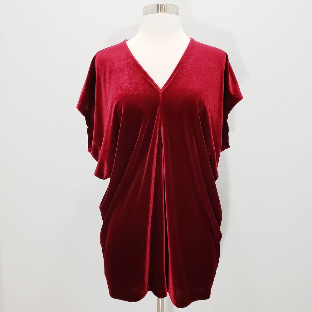 Lands End Velvet Tunic Top Red V-Neck 10 to 12